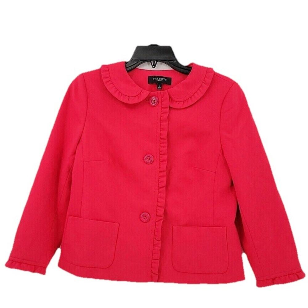 Talbots Size 10 Red Hot Ponte Ruffle Button Front Jacket 3/4 Sleeve
